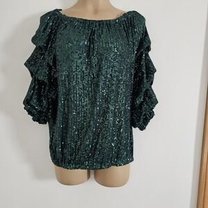 CeCe Sequin Top Sparkly Green sz L Ruched 3/4 Sleeve Blouse